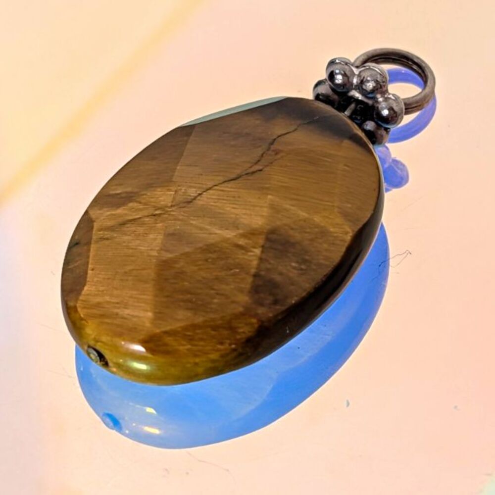 Large Tiger Eye Gemstone Oval Pendant Silver Tone Statement Jewelry Vintage